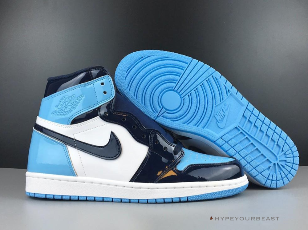 Blue and white patent leather jordans hot sale
