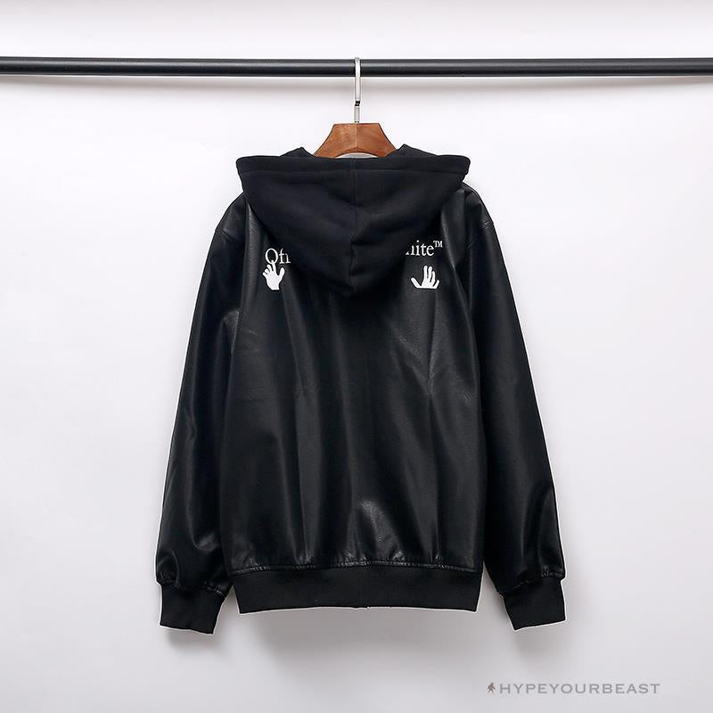 OFF-WHITE 20FW New Logo Hooded Leather Jacket Black