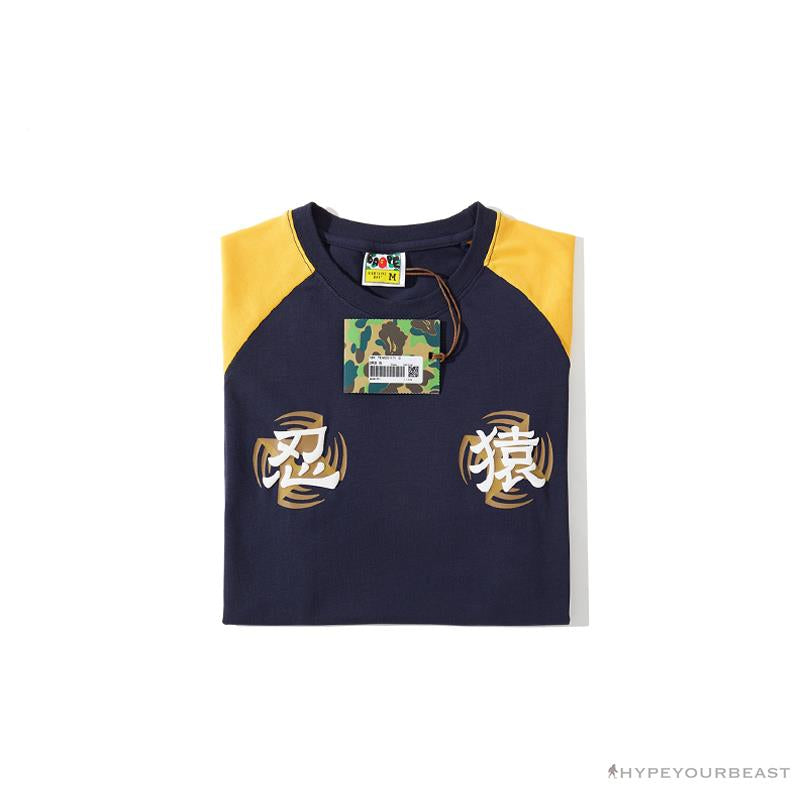 BAPE Japanese Ninja Ape Man Raglan Sleeve Color Block Tee Shirt 'YELLOW'